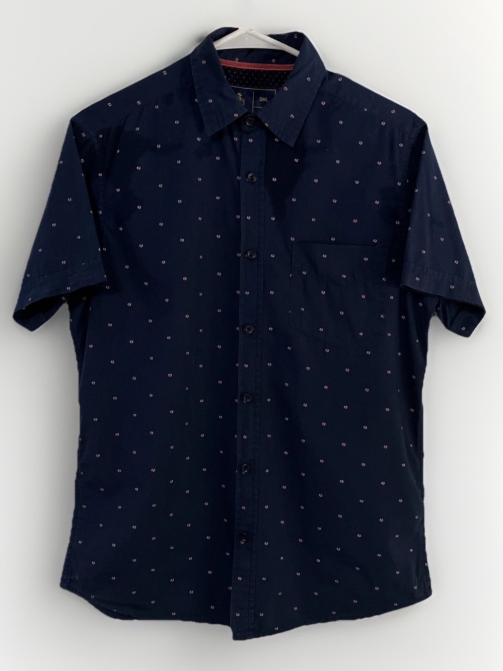 Rugby University Men Sz SML Button Up Shirt Office Preppy Polka-dot Pattern Navy